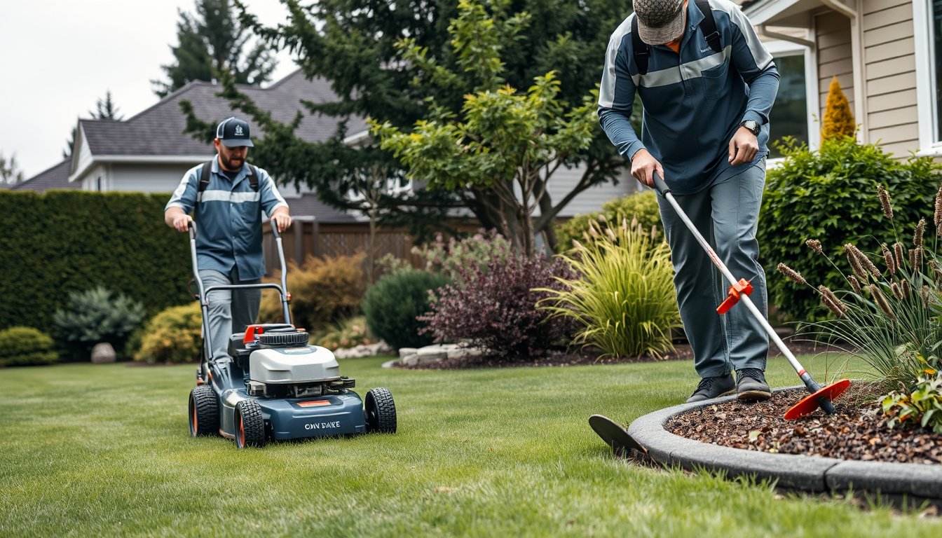 Portland Lawn Service crew working on a residential lawn